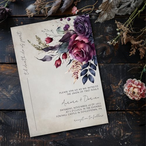 Elegant Gothic Purple Watercolor Floral Wedding  Invitation