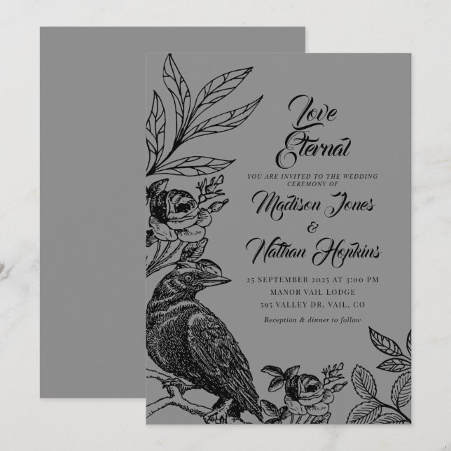 Elegant Gothic Raven Wedding Invitation (Front/Back)