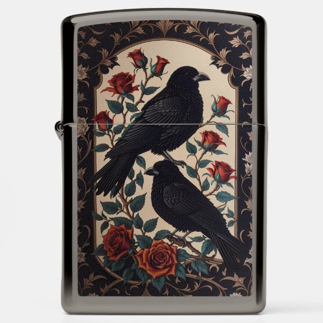 Elegant Gothic Ravens With Roses  Zippo Lighter (Front)