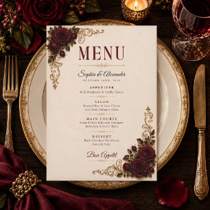 Elegant Gothic Roses Burgundy Wedding Menu Card