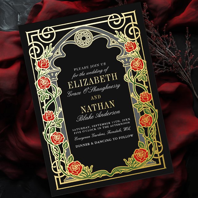 Elegant Gothic Roses Cathedral Frame Wedding  Foil Invitation (Creator Uploaded)
