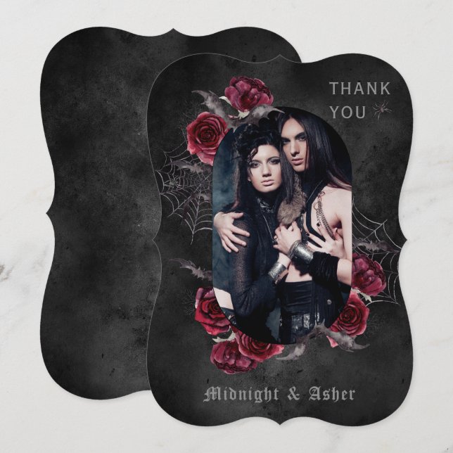 Elegant Gothic Roses Photo Wedding  Thank You Card (Front/Back)