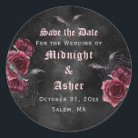 Elegant Gothic Roses Save The Date Classic Round Sticker<br><div class="desc">Dark and moody Save the Date sticker with dark red roses,  bats and spider webs. Has a smoky black watercolor background. Blackletter typography adds to the gothic feel of the announcement. See our coordinating items as well.</div>