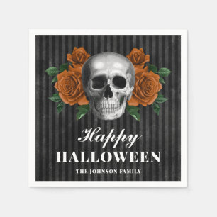 Elegant Gothic Roses & Skull Happy Halloween Napkins