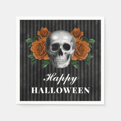 Elegant Gothic Roses  Skull Happy Halloween Napkins