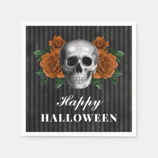 Elegant Gothic Roses & Skull Happy Halloween Napkins (Front)
