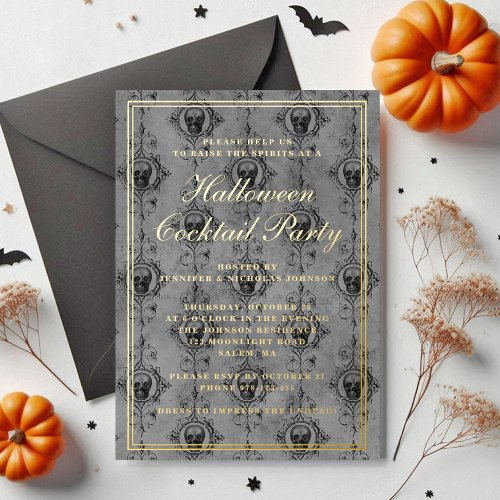 Elegant Gothic Skull Halloween Cocktail Party Gold Foil Invitation