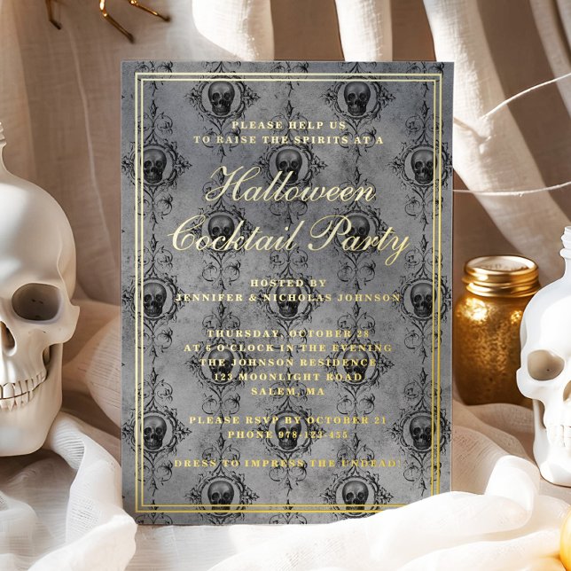 Elegant Gothic Skull Halloween Cocktail Party Gold Foil Invitation (Elegant Gothic Skull Halloween Cocktail Party Gold Foil Invitation)