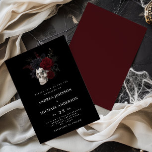 Elegant Gothic Skull Red Floral Wedding Invitation