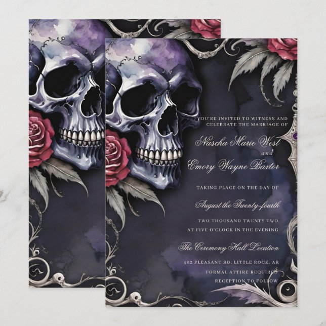 Elegant Gothic Skull & Red Roses Wedding Invitation (Front/Back)