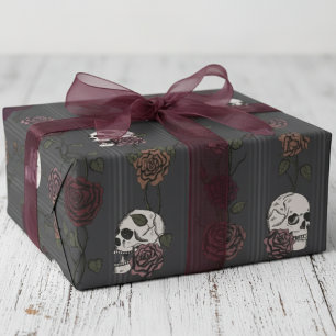 Elegant Gothic Skull & Rose Stripes Wrapping Paper