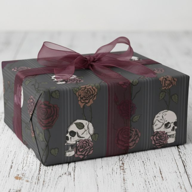 Elegant Gothic Skull & Rose Stripes Wrapping Paper (Dark Gothic Wrapping Paper for Hallowedding or Goth Birthday. Elegant Skull Roses Stripes Pattern)