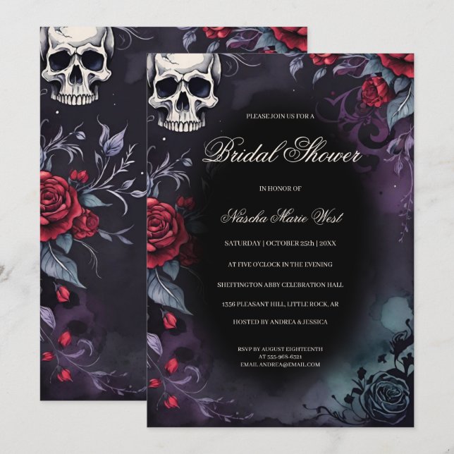 Elegant Gothic Skull & Roses Bridal Shower Invitation (Front/Back)