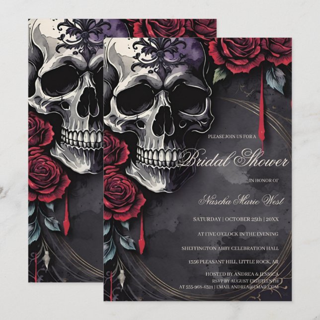 Elegant Gothic Skull & Roses Bridal Shower Invitation (Front/Back)