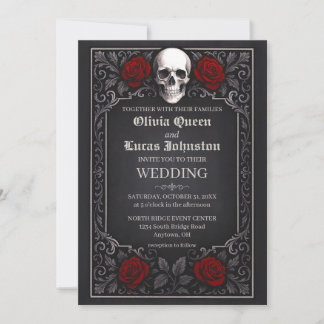 Elegant Gothic Skull & Roses Wedding Invitation