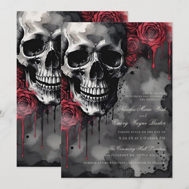 Elegant Gothic Skull & Roses Wedding Invitation (Front/Back)