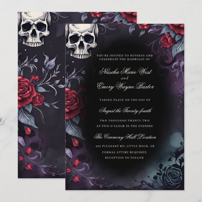 Elegant Gothic Skull & Roses Wedding Invitation (Front/Back)