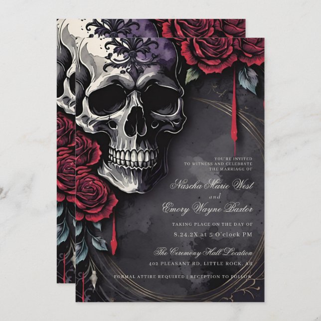 Elegant Gothic Skull & Roses Wedding Invitation (Front/Back)