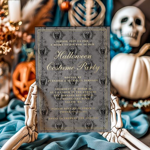 Elegant Gothic Skulls Halloween Costume Party Foil Invitation