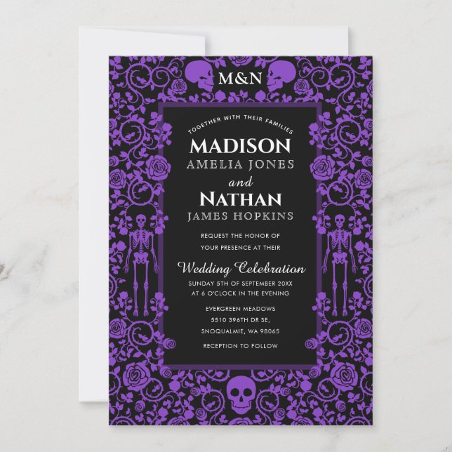 Elegant Gothic Victorian Purple & Black Wedding Invitation (Front)