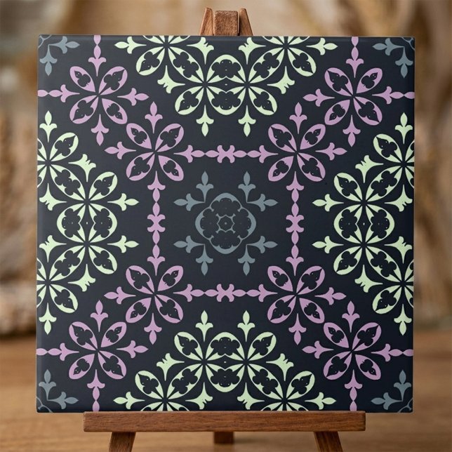 Elegant Gothic Victorian Purple Mint Floral Black Ceramic Tile (Creator Uploaded)
