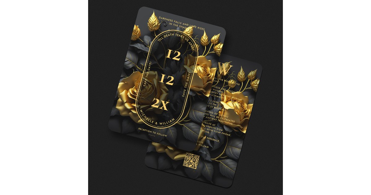Elegant Gothic Wedding Boho Black Gold Roses Save The Date | Zazzle