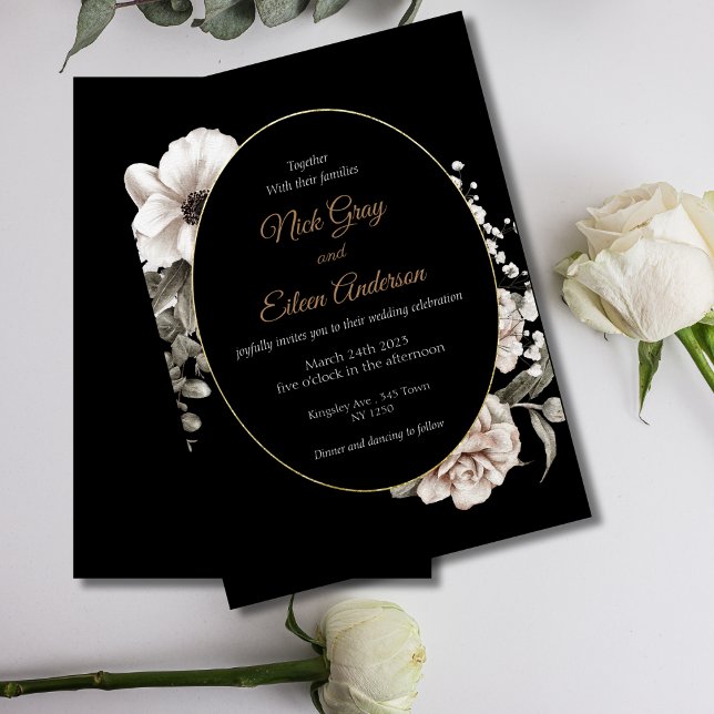 Elegant Gothic White Rose Black Wedding Invitation (Elegant Watercolor Winter Wedding Invite)