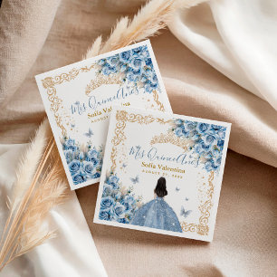 Elegant Gown Baby Blue Gold Mis Quince Anos Tiara Napkins