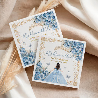 Elegant Gown Baby Blue Gold Quinceanera Princess Napkins