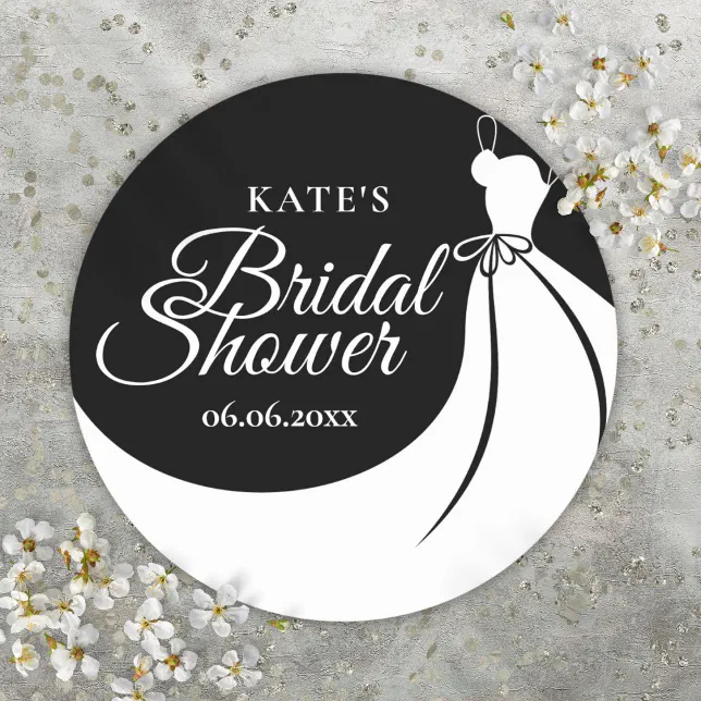 Elegant Gown Black And White Bridal Shower Favor Classic Round Sticker ...