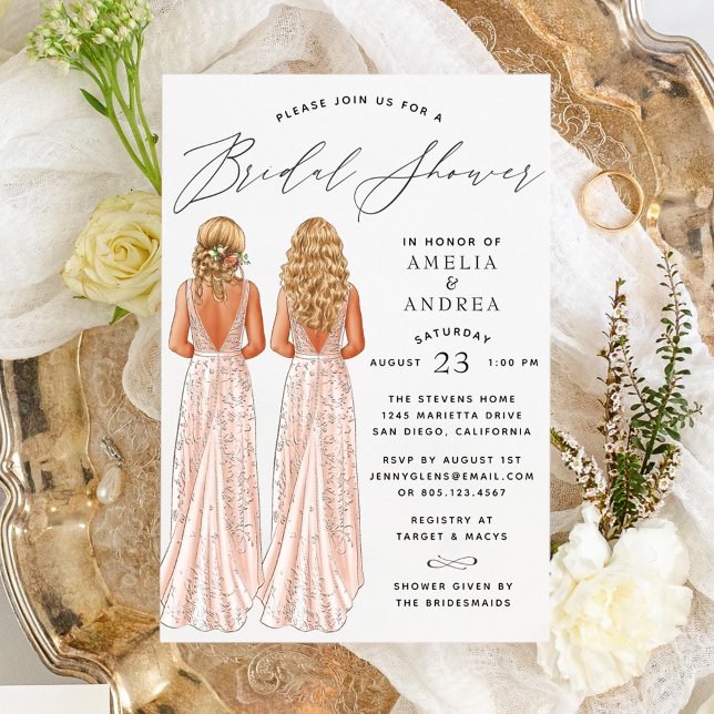 Elegant Gown Bridal Shower Two Girls Invitation (Creator Uploaded)