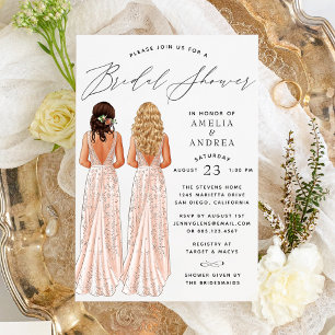 Elegant Gown Bridal Shower Two Girls Invitation
