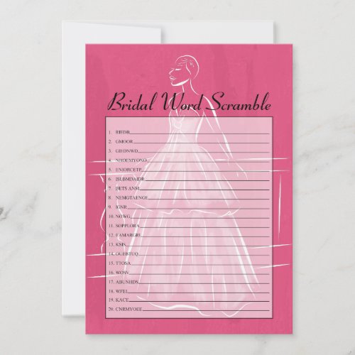 Elegant Gown Bridal Shower Word Scramble Game Card