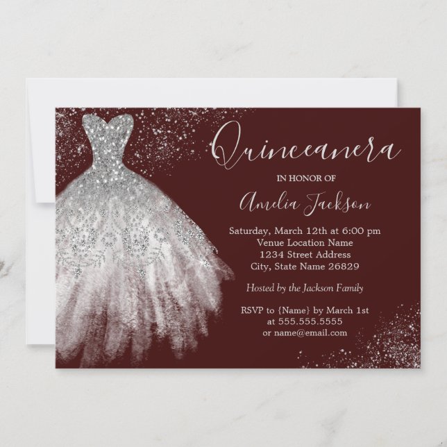 Elegant Gown Burgundy Quinceanera Invitation (Front)
