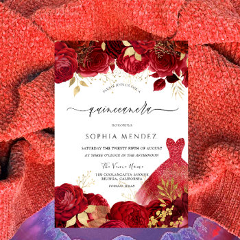 Elegant Gown Dress Red Roses Quinceanera Party Invitation by Nicheandnest at Zazzle