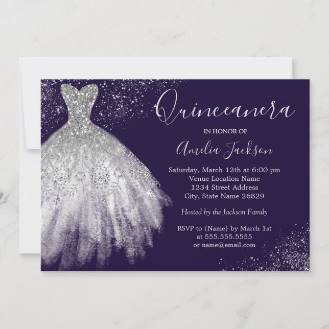 Elegant Gown Purple Quinceanera Invitation (Front)