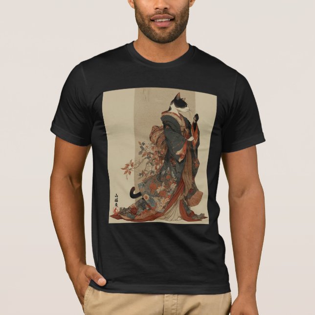 "Elegant Grace" Japanese Cat in Kimono Art T-Shirt (Front)