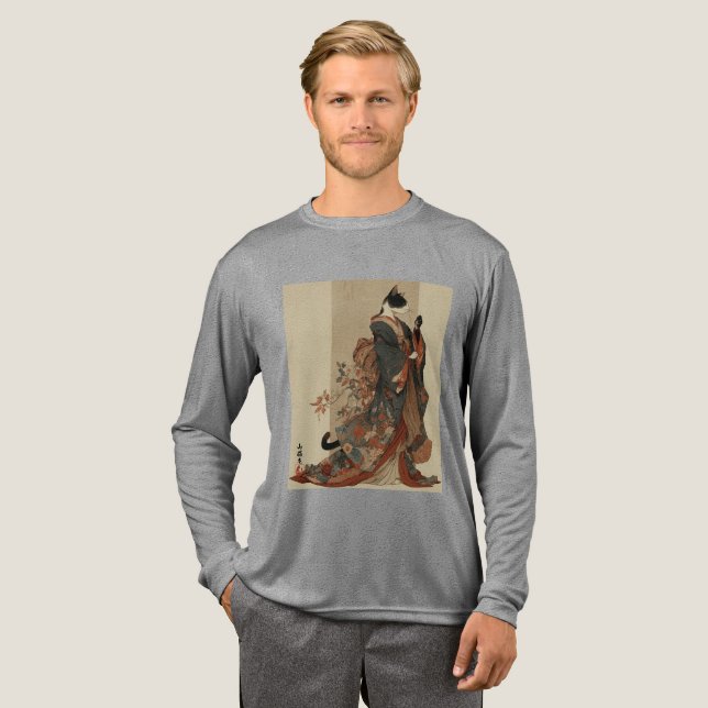 "Elegant Grace" Japanese Cat in Kimono Art Tri-Blend Shirt (Full Front)