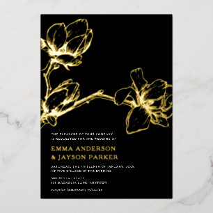Elegant Graceful Magnolia Wedding Black + Gold Foil Invitation