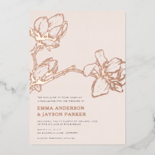 Elegant Graceful Magnolia Wedding Blush Rose Gold Foil Invitation