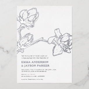Elegant Graceful Magnolia Wedding White + Silver Foil Invitation