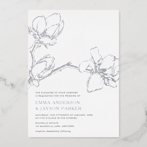 Elegant Graceful Magnolia Wedding White  Silver Foil Invitation