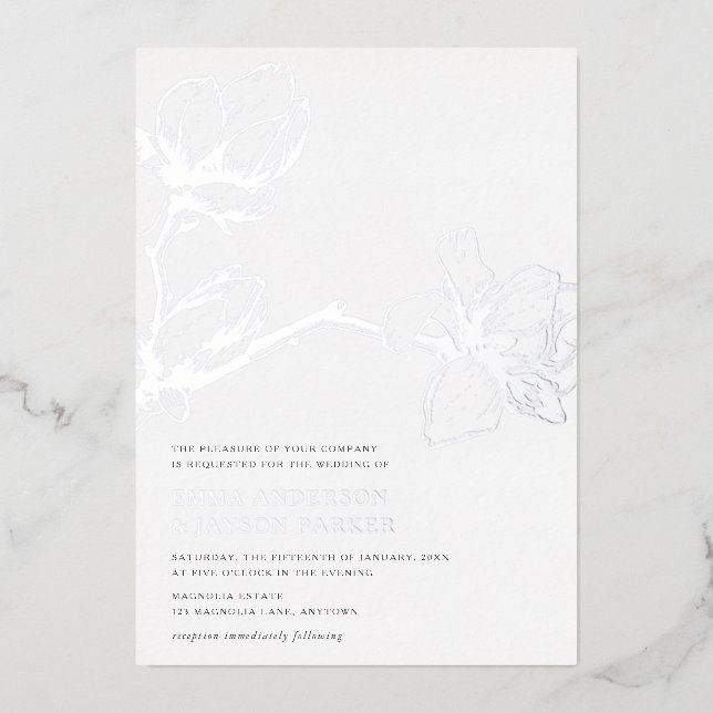 Elegant Graceful Magnolia Wedding White + Silver Foil Invitation (Front)