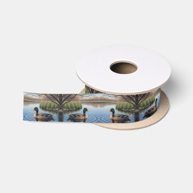 Elegant Graceful Mallard On Tranquil Country Pond Satin Ribbon (Spool)