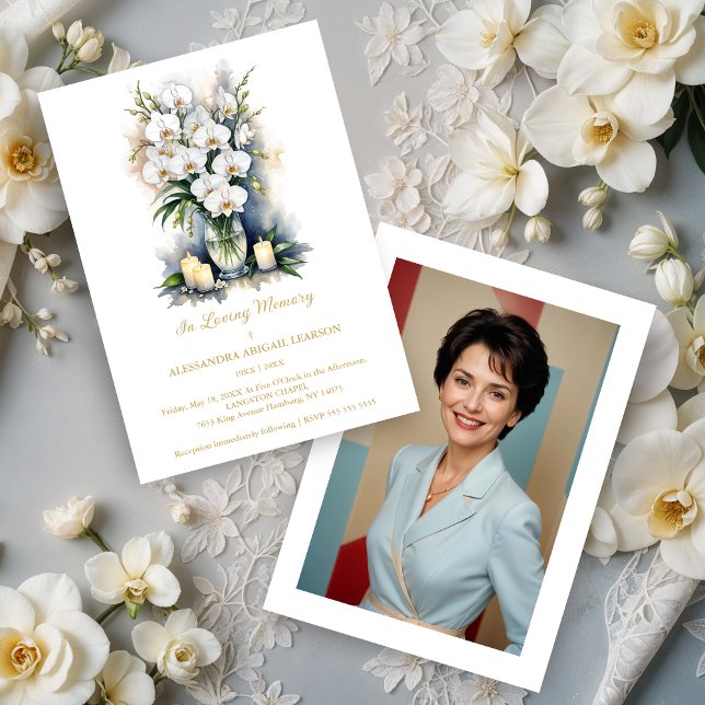 Elegant Graceful White Orchid Bouquet & Candles  Invitation (Elegant White Orchid Bouquet & Candle Memorial Funeral Invitation Cards with Photo on Back.)