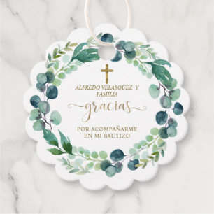 Elegant Gracias Script Greenery Gold Cross Bautizo Favor Tags