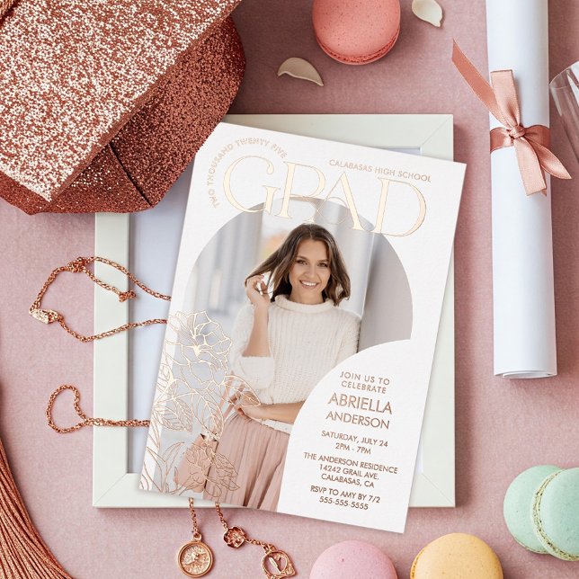 Elegant Grad Arch Floral Photo Frames Foil Invitation (Creator Uploaded)