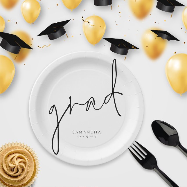 Elegant Grad Black Script Name Graduation Paper Plates (Creator Uploaded)
