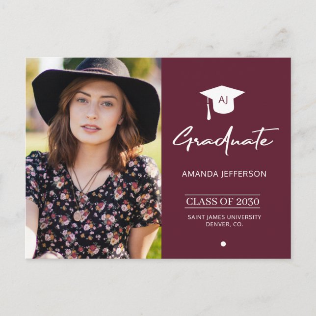 Elegant grad burgundy photo graduation invitation postcard (Front)