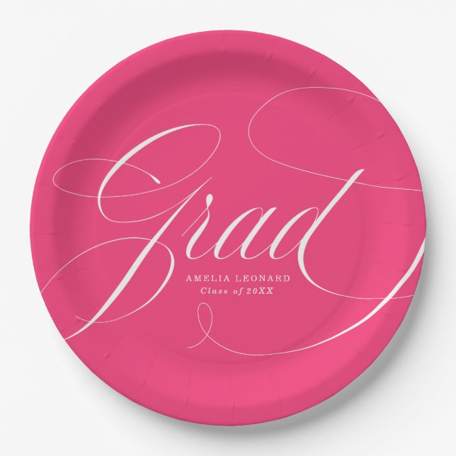 Elegant Grad Calligraphy Hot Pink Graduation Paper Plates (Front)